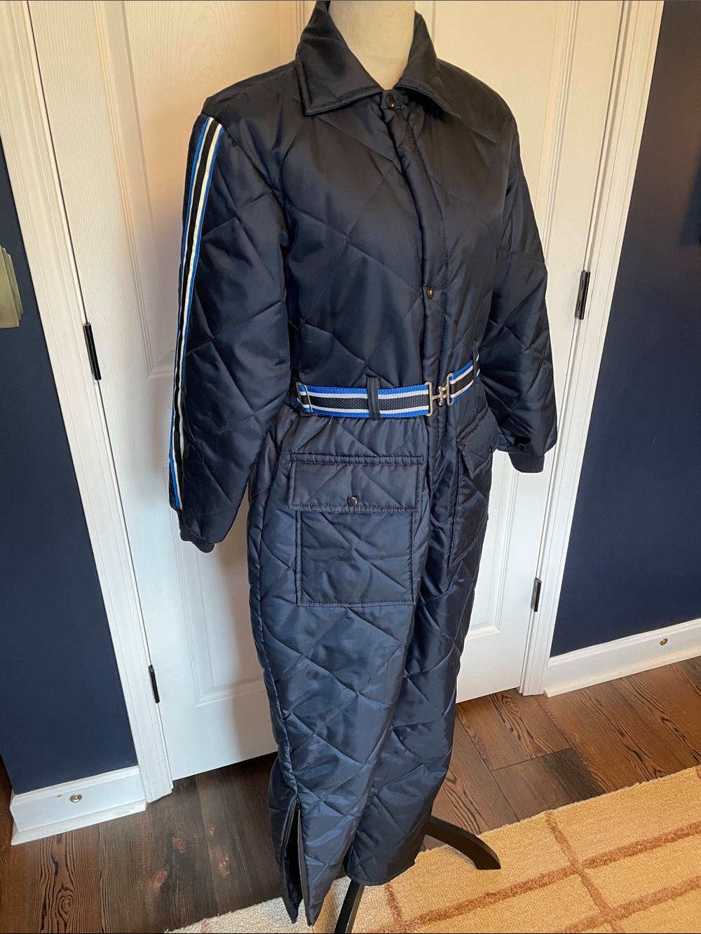 Vintage 80s Sears Sports Center Quilted Navy Ski Jumpsuit Blue White Black Trim